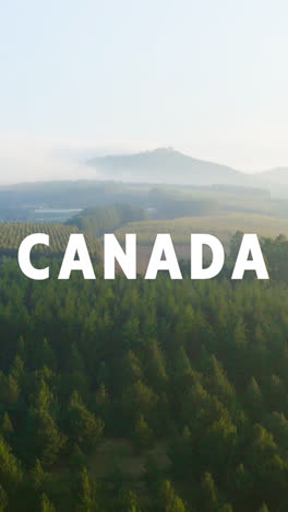 Vertical-Video-Aerial-Drone-Shot-Over-Canadian-Forests-Overlaid-With-Animated-Graphic-Spelling-Out-Canada